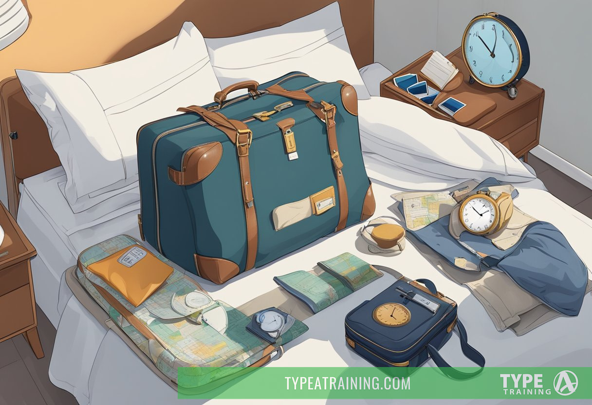 A traveler's suitcase open on a bed, with a sleep mask, neck pillow, and various time zone clocks scattered around