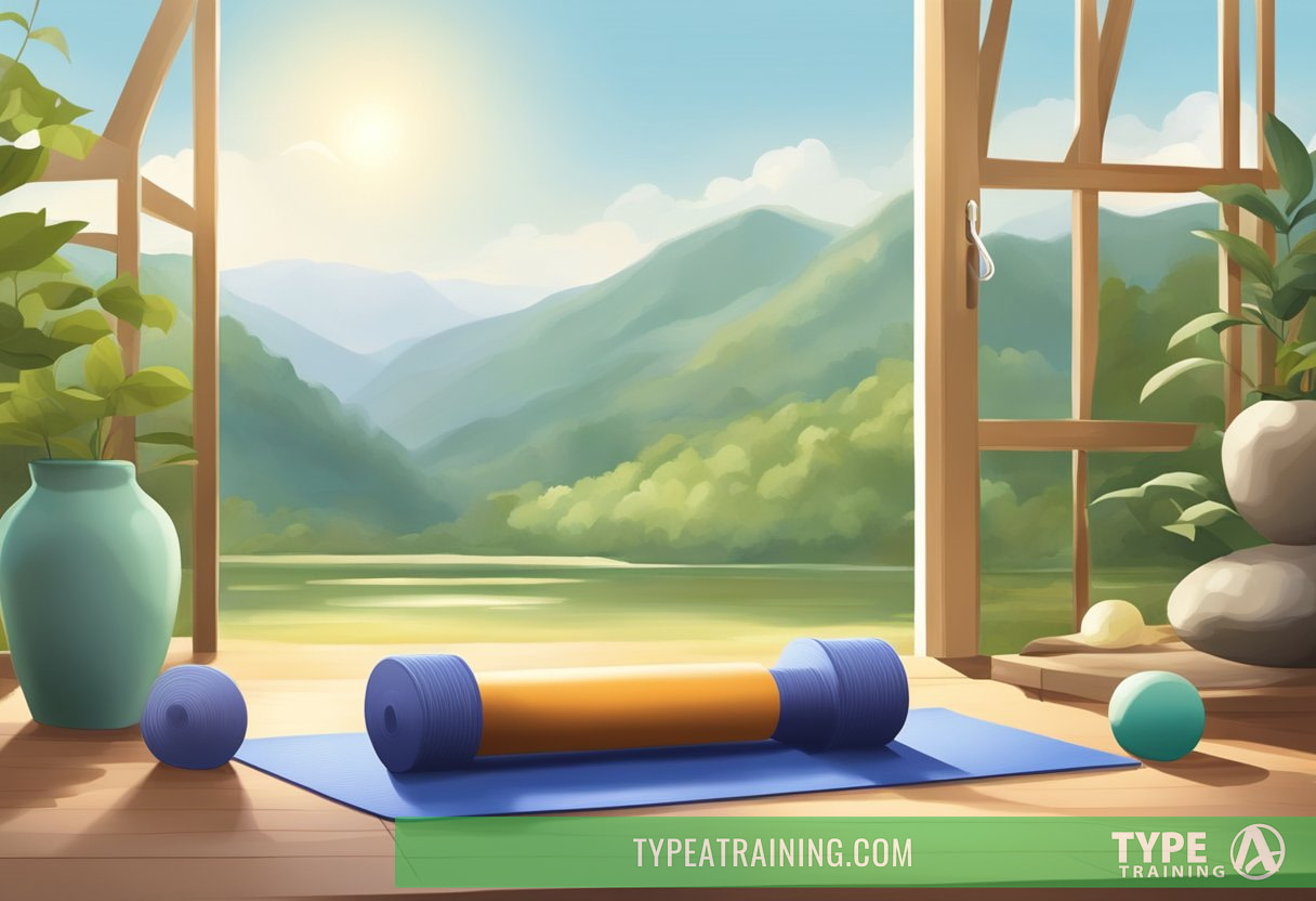 A serene setting with a yoga mat and light weights, surrounded by peaceful nature