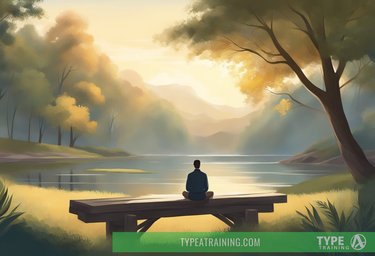 A serene, tranquil setting with soft, natural lighting. A person sits or stands, eyes closed, inhaling deeply, with a sense of calm and peacefulness