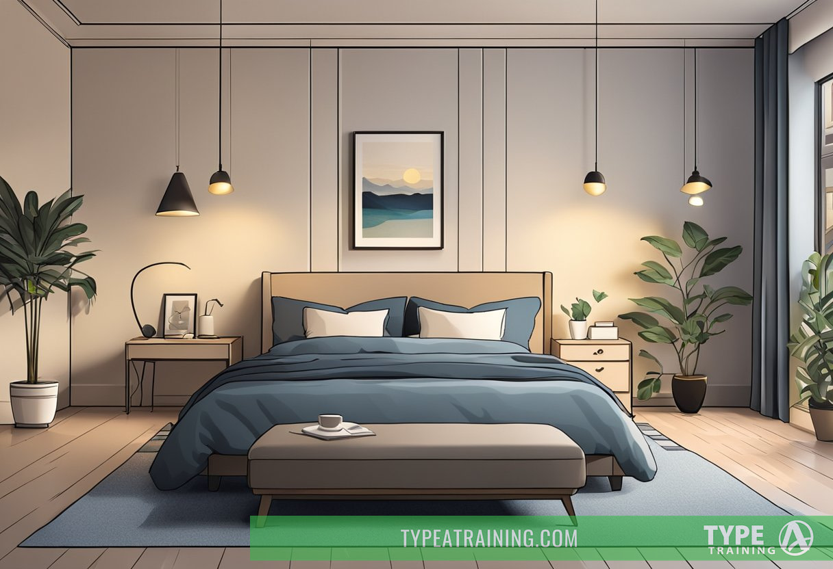 A serene bedroom with dim lighting, a tidy bed, and calming decor. A clock shows a reasonable bedtime. No electronic screens are visible
