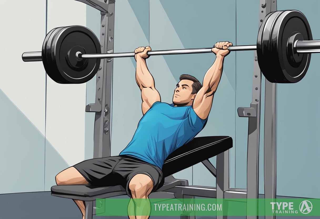 A person lifting a barbell off a bench, with their arms fully extended. The barbell is being raised upward in a controlled manner