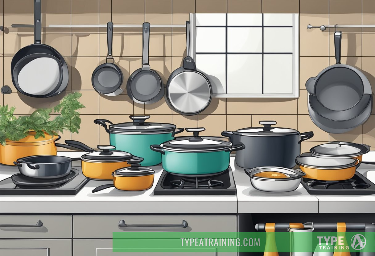 A kitchen scene with various types of cookware, including stainless steel, ceramic, and cast iron, displayed on a countertop