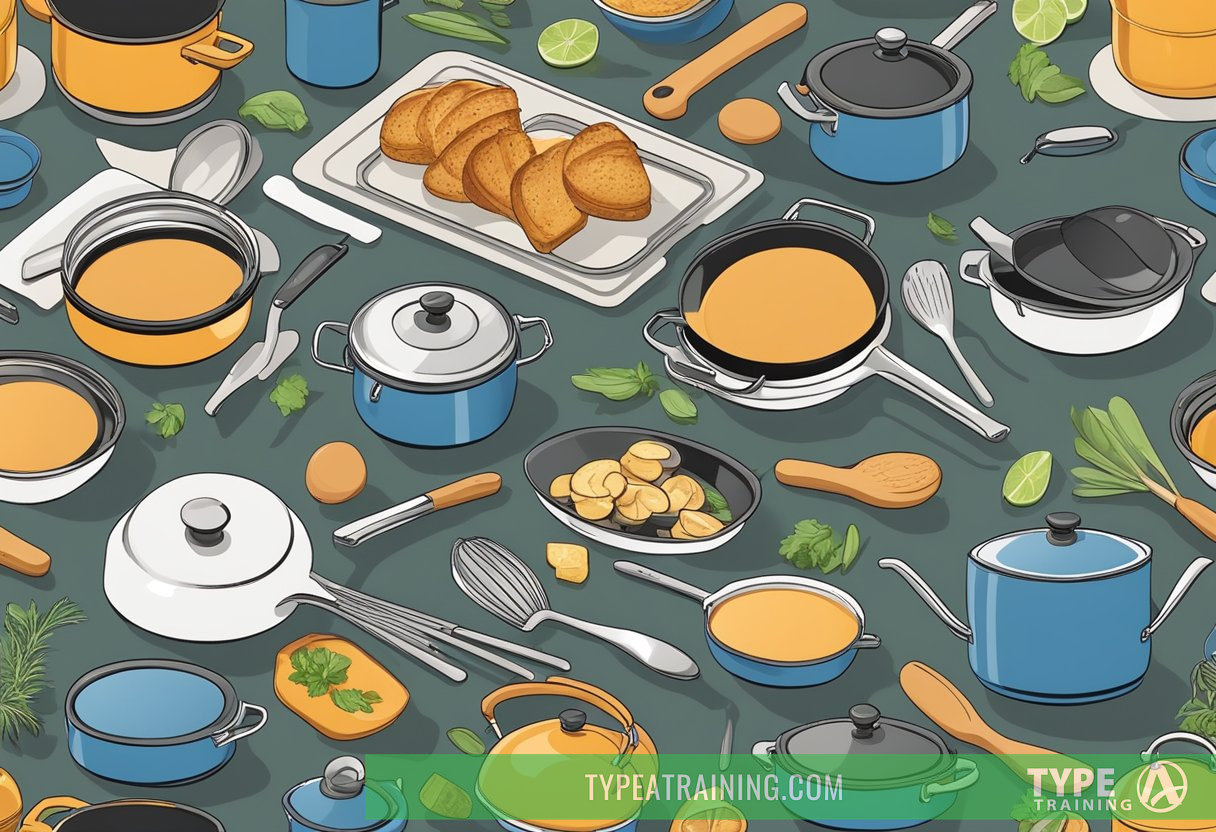 A kitchen scene with a nonstick cookware set on a stovetop, surrounded by various cooking utensils and ingredients