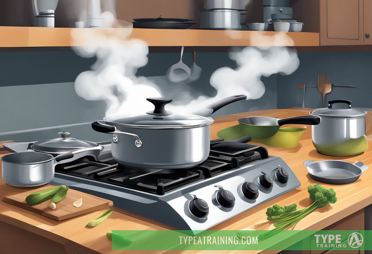 Steam rising from various pots and pans on a stovetop, with a chef's knife and cutting board nearby