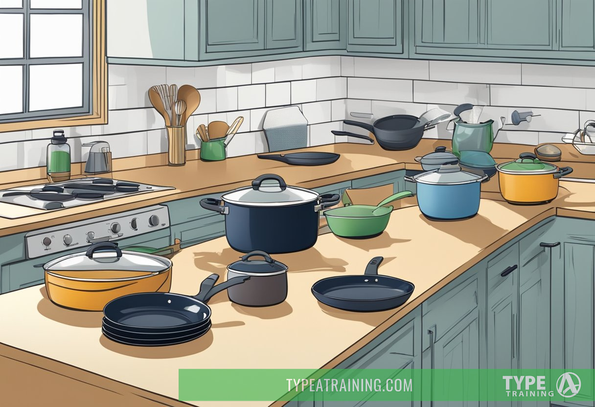 A kitchen scene with various nontoxic cookware items such as pots, pans, and utensils displayed neatly on a countertop with safety guidelines and tips visible in the background
