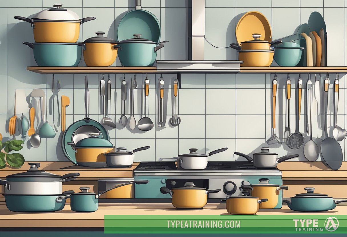 A kitchen with a variety of nontoxic cookware arranged on a countertop, including pots, pans, and utensils made from safe, eco-friendly materials