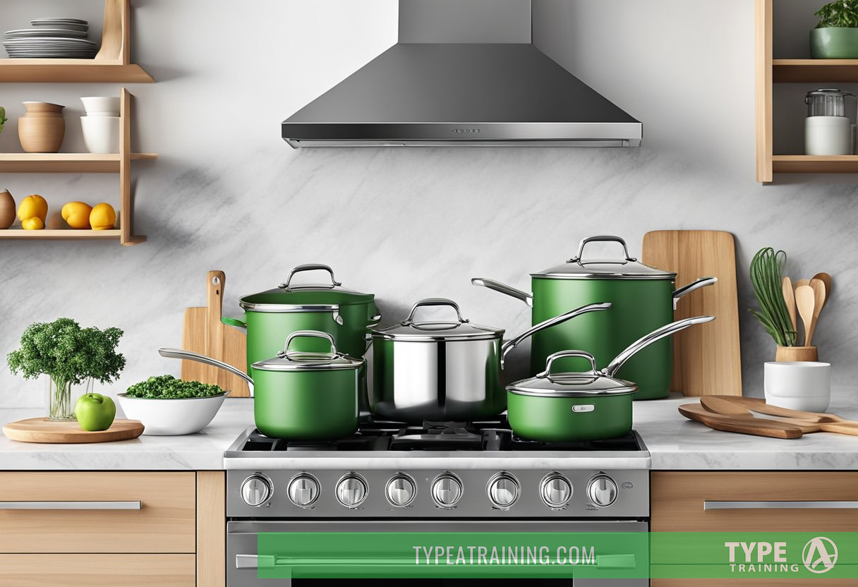 A modern kitchen with a sleek, stainless steel GreenPan Valencia Pro 11-Piece Cookware Set displayed on a clean, marble countertop