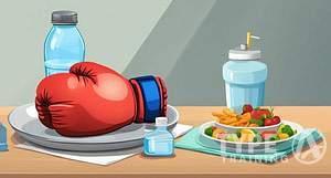 a boxing glove on a plate with food and water