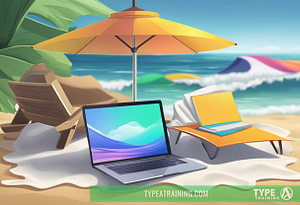 a laptop and chair on a beach