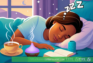 a woman sleeping in bed with a book and a cup of tea