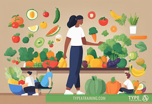 a woman standing in front of a shelf full of fruits and vegetables
