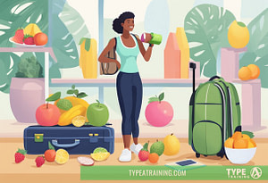 a woman standing next to luggage and fruit