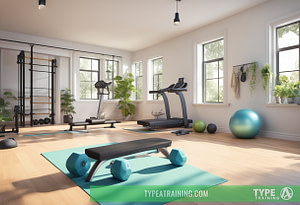 a room with exercise equipment and a gym ball