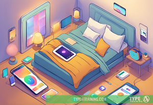 a bed with a bed and several devices