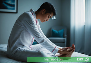 a man sitting on a bed with his feet crossed