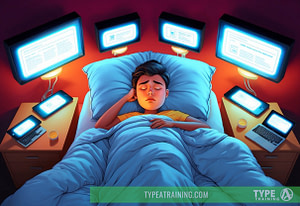a boy sleeping in bed with multiple computer screens around him