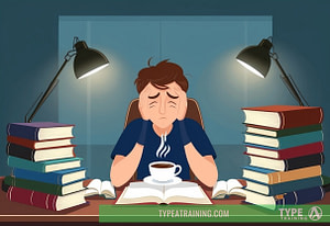 a cartoon of a man sitting at a desk with a cup of coffee and books