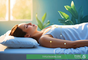 a woman lying on a bed, pressure point are highlighted on her body