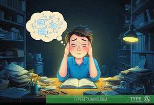 a man sitting at a desk with his head in his hands