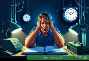 a man sitting at a desk with a book and two clocks
