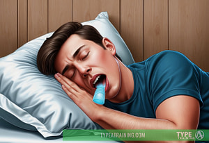 a man lying in bed with a blue device in his mouth
