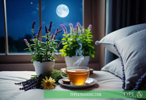 a cup of tea and flowers on a bed