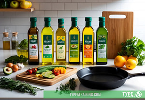 a group of bottles of oil and vegetables on a counter