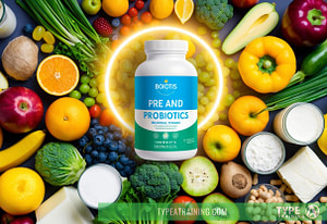a bottle of probiotics surrounded by various fruits and vegetables