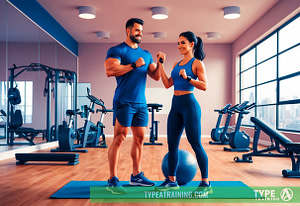 a man and woman flexing their arms in a gym,