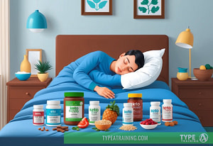 a person sleeping in bed with many different keto foods on a table
