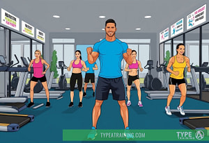 a cartoon of a man in a gym