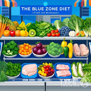 a fruit and vegetables on shelves representing a Blue Zone Diet