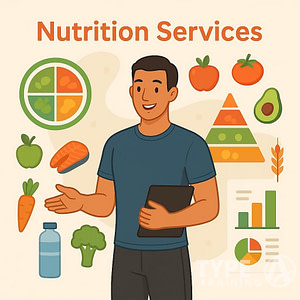 a man holding a clipboard with food icons around him