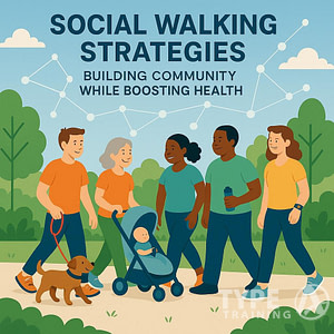 a group of people walking with a stroller and a dog