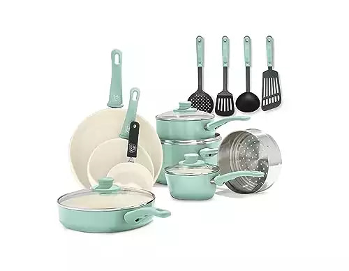 GreenLife Soft Grip 16 Piece Cookware Set, Non-Toxic PFAS-Free Ceramic Nonstick, Pots, Frying, Sauce, Saute, Glass Lids, Stay-Cool Handles, Wobble Free Bases, Dishwasher & Oven Safe, Turquoise