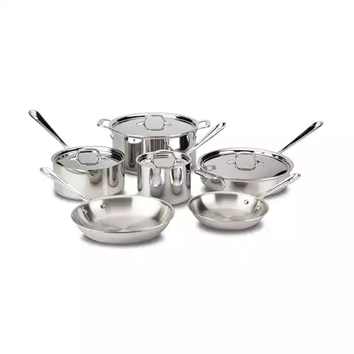 All-Clad D3 3-Ply Stainless Steel Cookware Set 10 Piece, Induction Compatible, Oven Broiler Safe 600F, Kitchen Cooking Set w/ Fry Pans, Saucepans, Saute Pans, Stockpot, Lids, Pots and Pans, Silver
