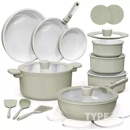 CAROTE 25pcs Ceramic Cookware Set, Pots and Pans Set Non Stick, Induction Kitchen Sets, Non Stick RV Cook ware Set with Detachable Handle, Dishwasher/Oven Safe Green