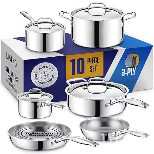 LEGEND COOKWARE 3 Ply Stainless Steel Pots and Pans Set | 10-Piece, Induction, Non-Toxic, Oven Safe | Best 18/8 Full Clad | Premium Kitchen Cooking, Professional Chef Quality | PFOA, PTFE & PFOS F...