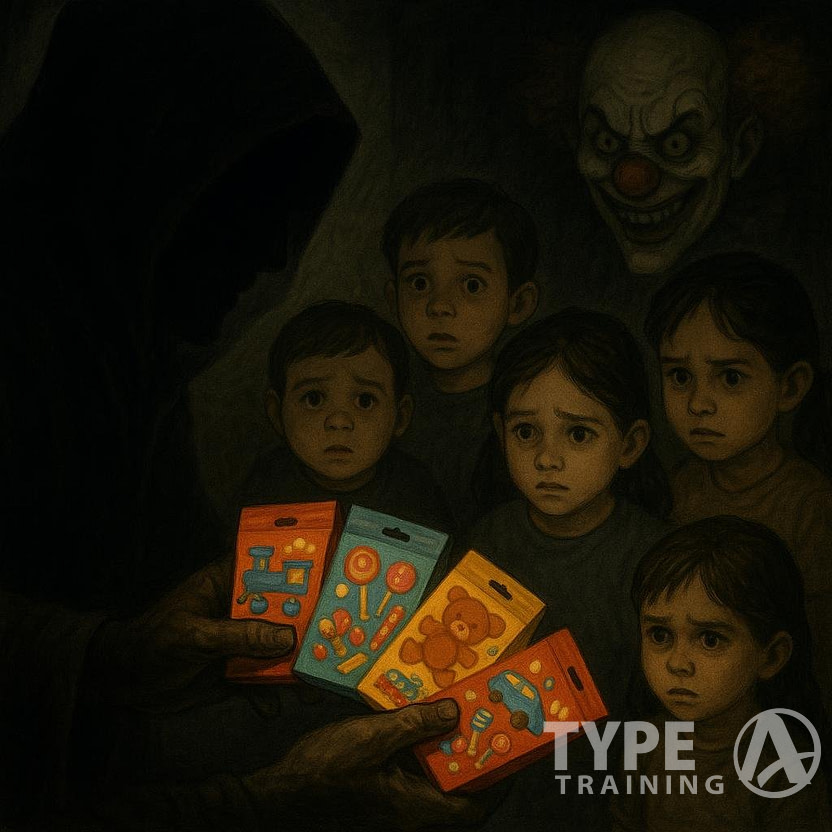 A shadowy figure lures children with colorful packaging, while a sinister clown lurks in the background