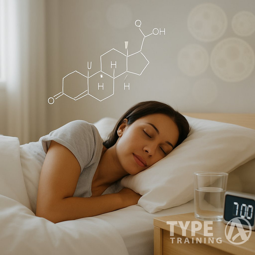 A person peacefully sleeping in a bedroom with soft natural light, with faint molecular and cellular illustrations representing stress hormones and body fat in the background.
