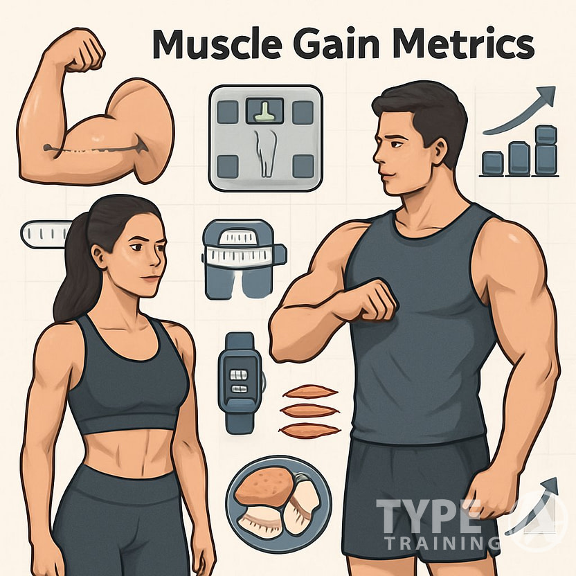 Illustration of a fit man and woman surrounded by icons and charts representing different ways to measure muscle gain, including body measurements, weightlifting, nutrition, and progress graphs.