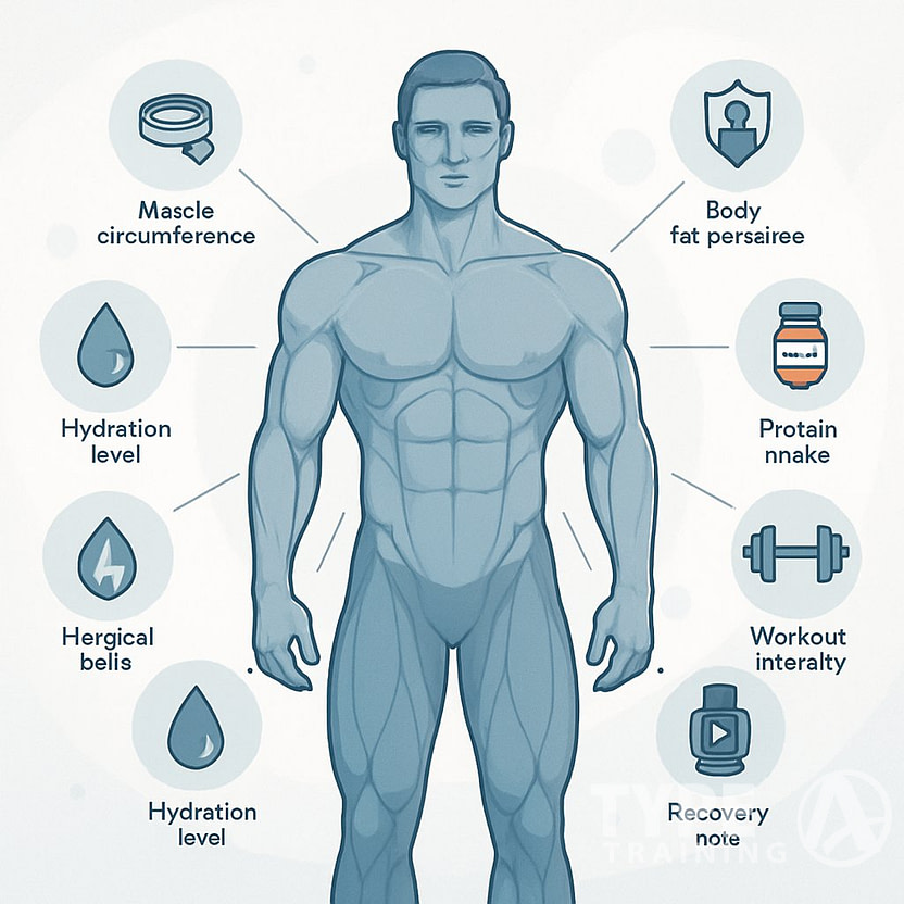 A muscular male figure surrounded by ten icons representing different measurements of muscle gain, connected by lines to various parts of the body.