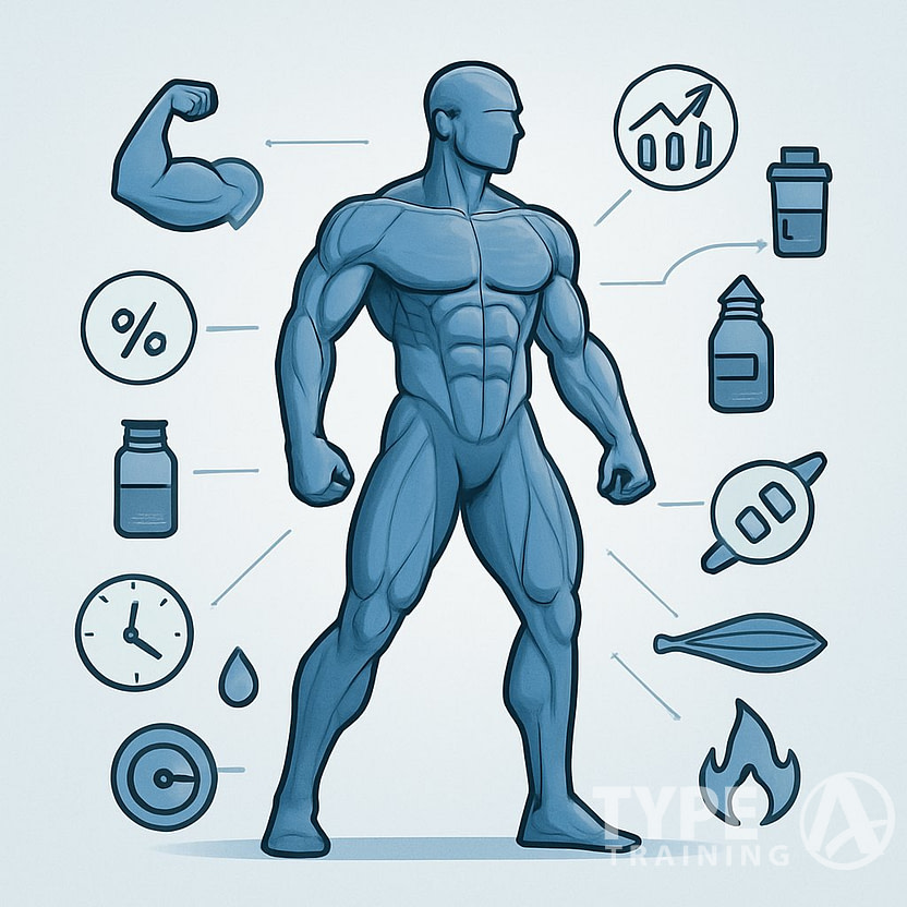 A muscular human figure surrounded by ten icons representing different muscle gain and strength performance metrics connected to various muscle groups.