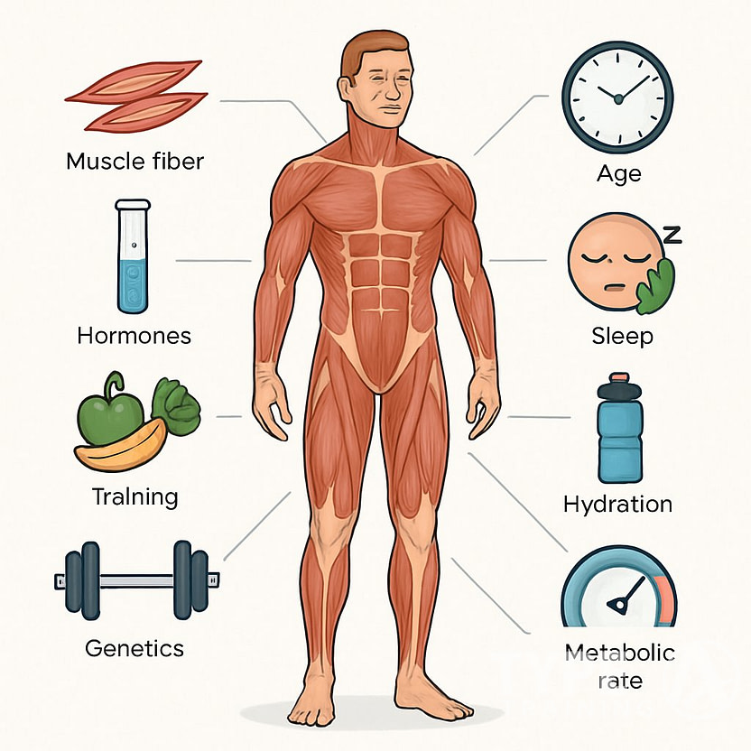 Illustration of a human figure with highlighted muscles surrounded by ten icons representing different factors influencing muscle gain.