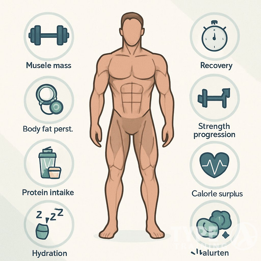 A central muscular human figure surrounded by ten icons representing different muscle gain and recovery metrics such as protein intake, workout intensity, sleep quality, hydration, and strength progression.