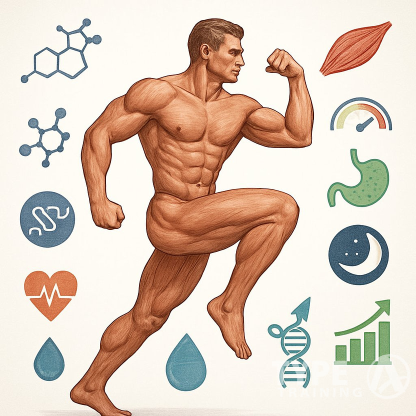 A muscular human figure surrounded by ten icons representing different hormonal and physiological factors related to muscle gain.