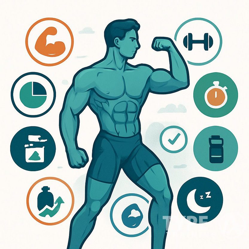 A muscular human figure surrounded by ten icons representing different aspects of muscle gain progress and expectations.