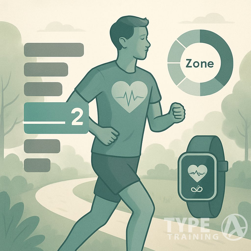 A person jogging outdoors with a heart icon near their chest and highlighted heart rate zones around them, illustrating moderate-intensity cardio exercise.
