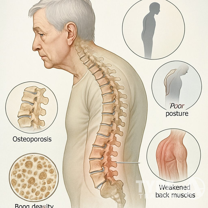 Side view illustration of an elderly person with a curved spine and visual highlights showing causes like bone weakening and muscle loss.