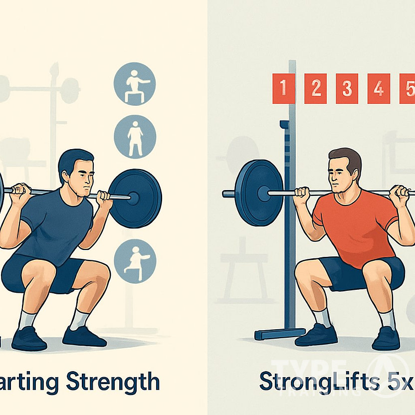 Two athletes performing barbell squats side by side, representing two different weightlifting programs with gym equipment in the background.